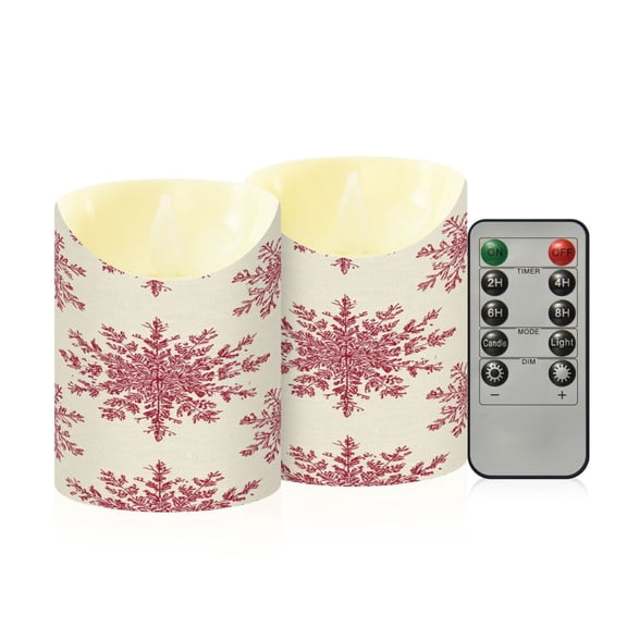 2 PCS Tilted Flameless Candles Flickering LED Lights Battery Operated Candles with Remote Timers for Holiday Decor Elegant Red Snowflakes Pattern