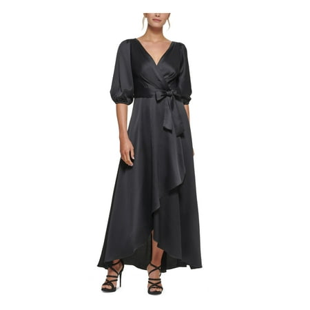DKNY Womens Black Zippered Gathered Tulip Hem Tie Waist Balloon Sleeve Surplice Neckline Tea-Length Evening Faux Wrap Dress 10