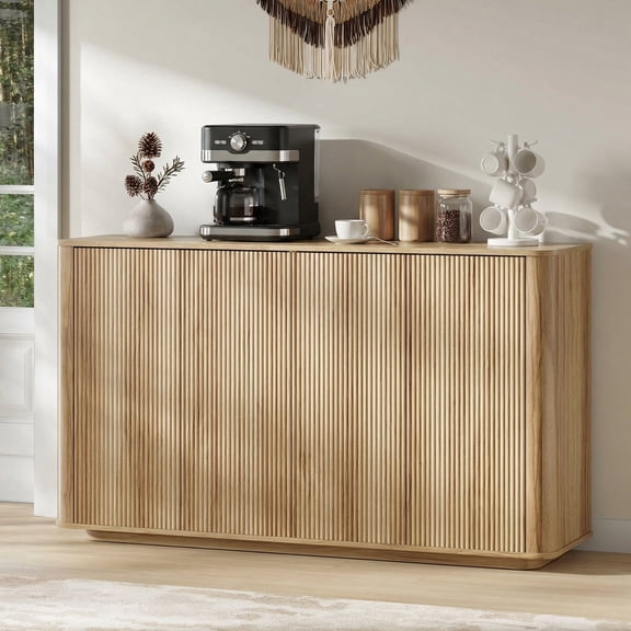 MARNUR 55"W Buffet Cabinet with Storage, Modern Coffee Bar Cabinet with 3-Sided Wave Fluted Design, Adjustable Shelves, Anti-Tip, Easy Clean Top for Kitchen, Dining Room, Living Room, Oak
