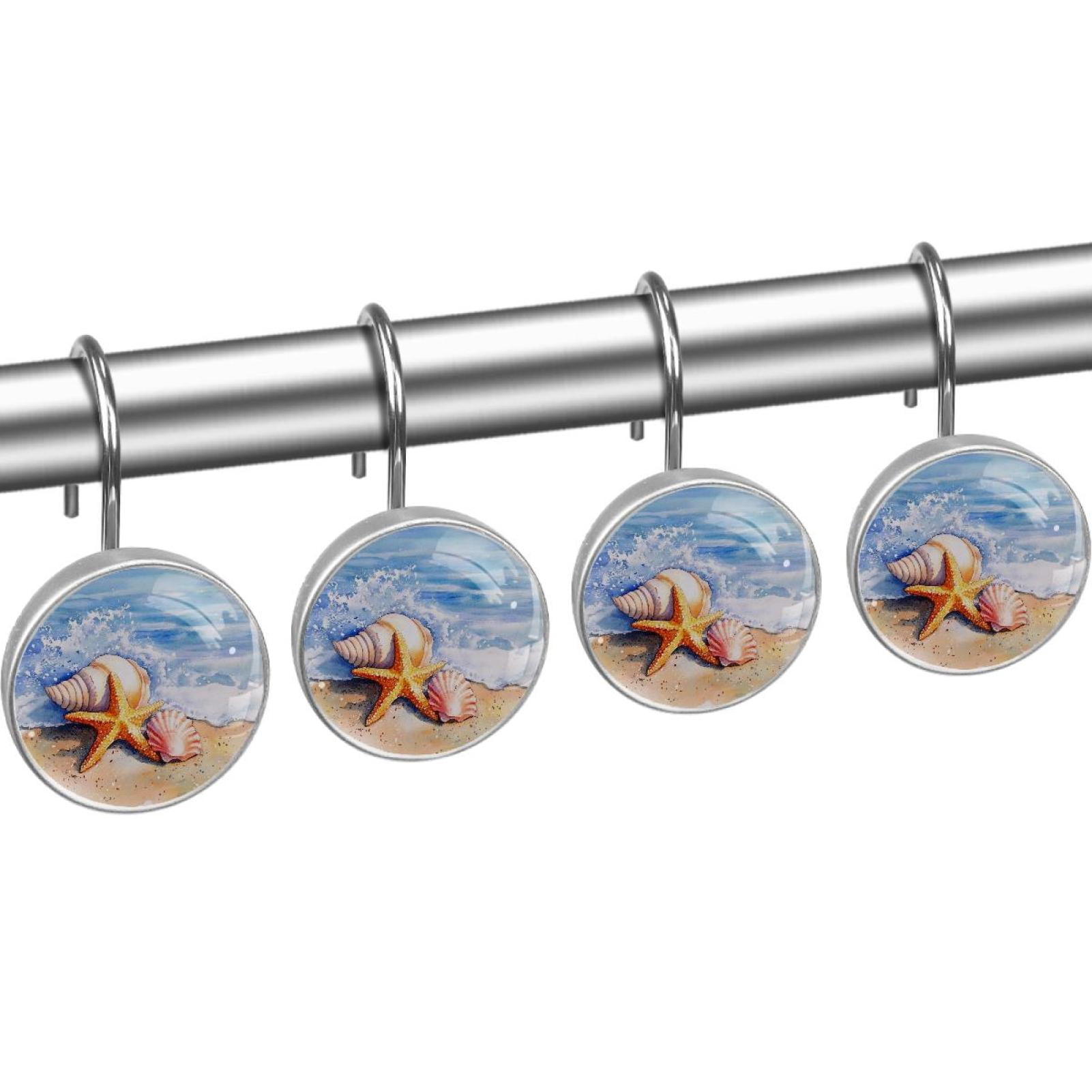 Beach Starfish Conch Shower Curtain Hooks Round Crystal Glass, Set of 12 Shower Curtain Rings - Shower Hooks for Curtain Shower Rings