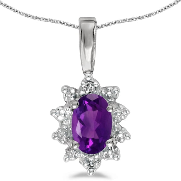 14k White Gold Oval Amethyst And Diamond Pendant with 18" Chain