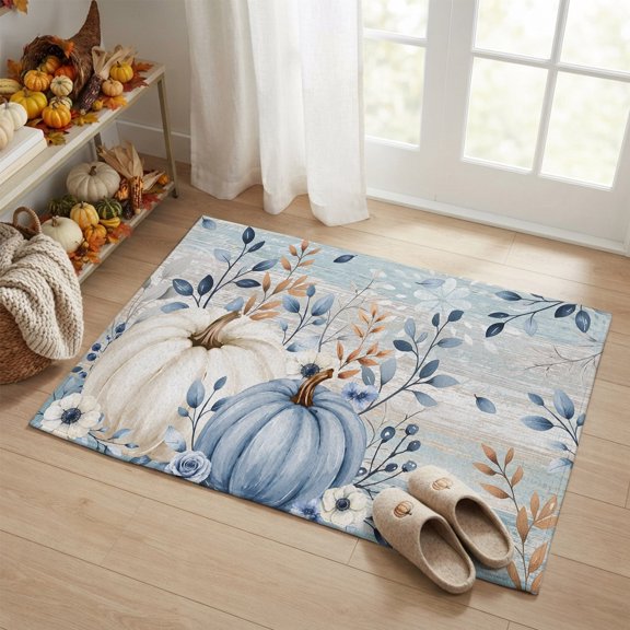 Rectangle Rug 2x3ft, Autumn Thanksgiving Pumpkin Leaves Blue Soft Non-Slip Washable Felt Carpet Pad, Vintage Wood Grain Area Rugs for Living Room Bedroom Kids Room