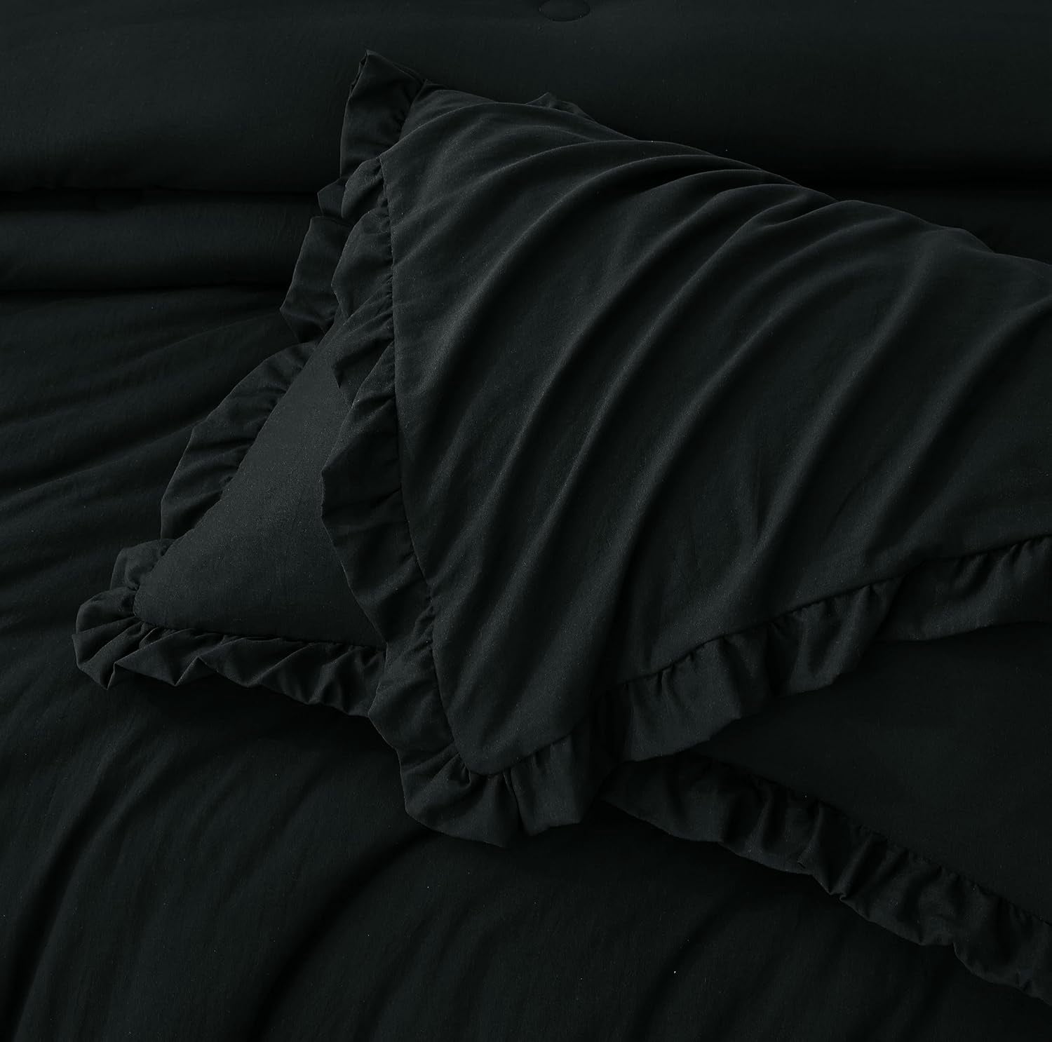 Chezmoi Collection Nora 3-Piece Black Ruffled Edge Trim Microfiber Comforter Set, Oversized King Size