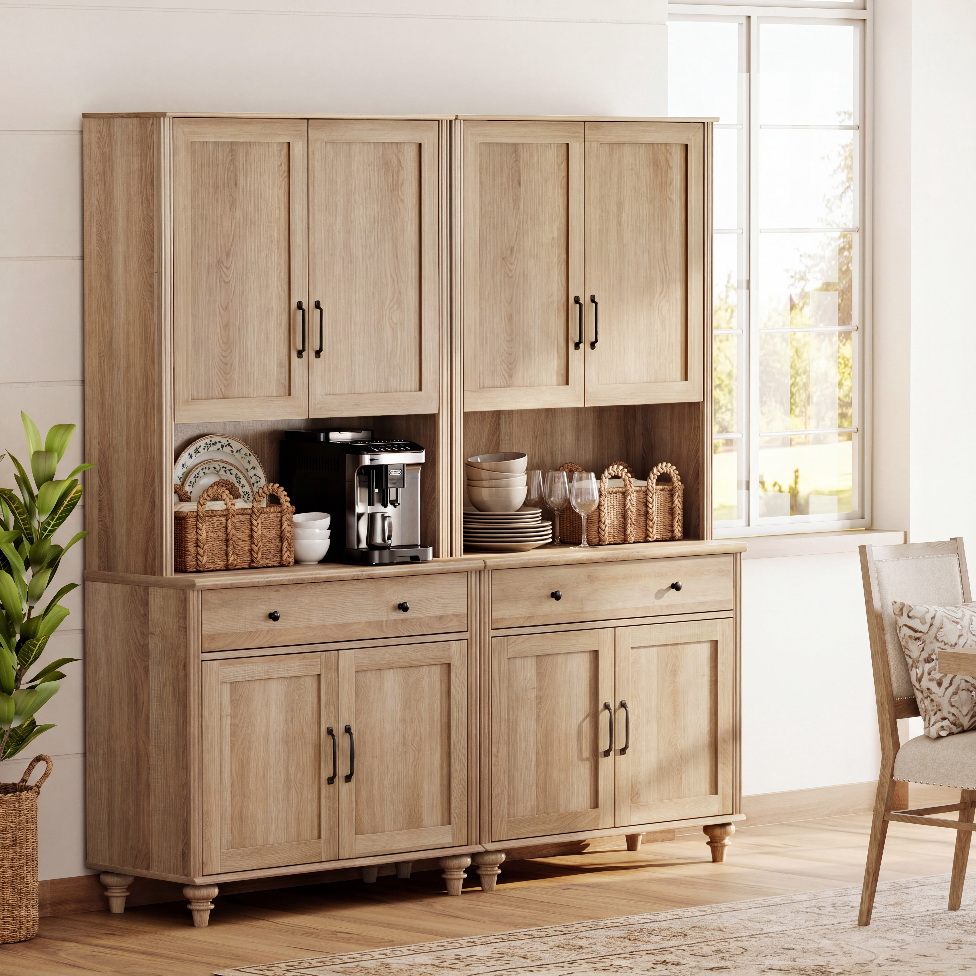 Sideboard Buffet Cabinet with Storage, Large Bookcase, Farmhouse Bookshelf with Ample Storage Cabinet, Large Library Wooden Bookshelves for Living Room, Office, Oak, 72" H