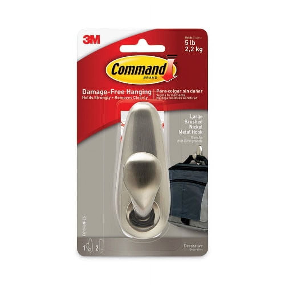 Adhesive Mount Metal Hook, Large, Brushed Nickel Finish, 1 Hook And 2 Strips/pack | Bundle of 2 Packs