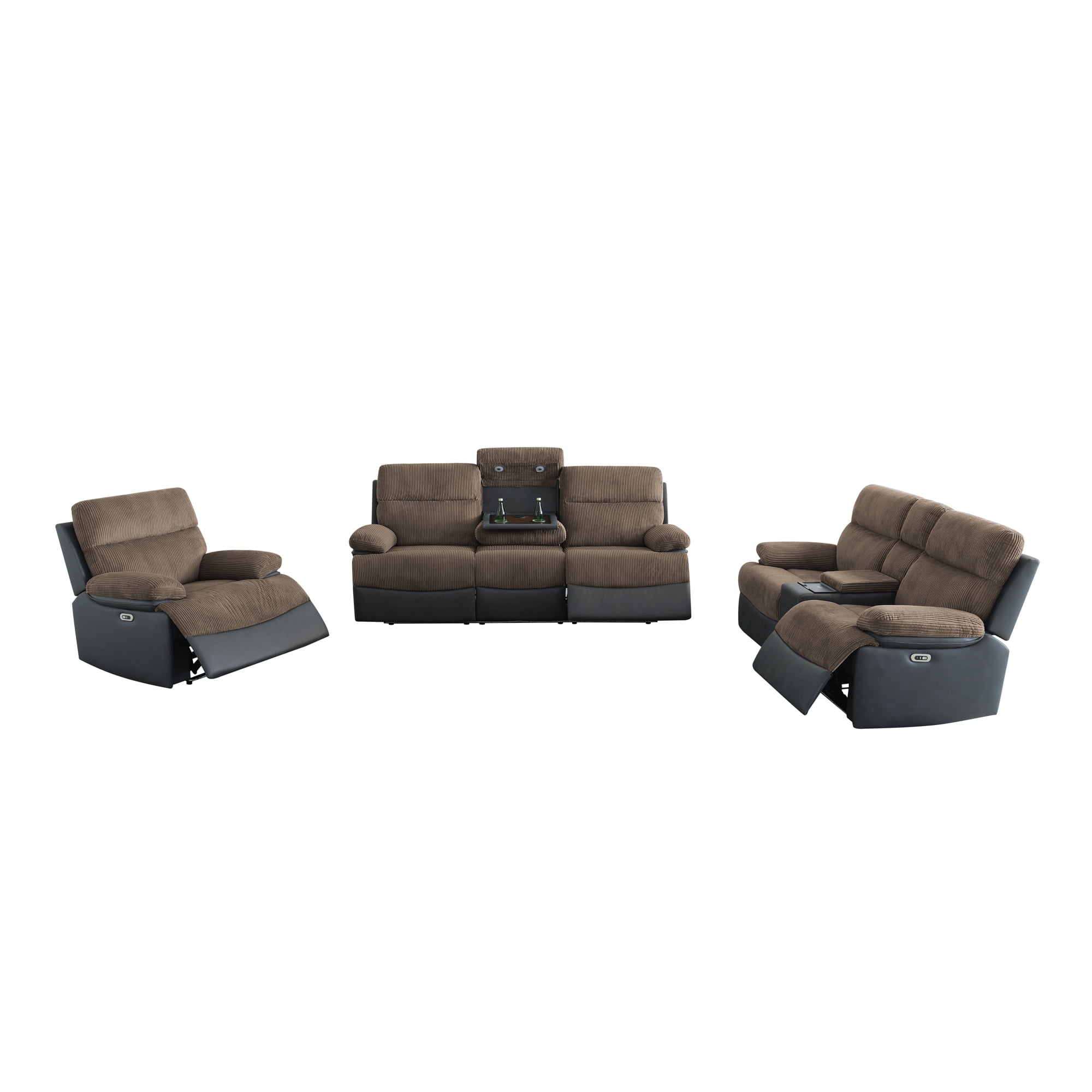 Gewnee 1+2+3 Power Recliner Sofa Set, Soft Flocking, Smart Reclining Sofa with USB & Wireless Charging, Storage, Cup Holders, LED Light for Living Room,Brown&Blackish Gray