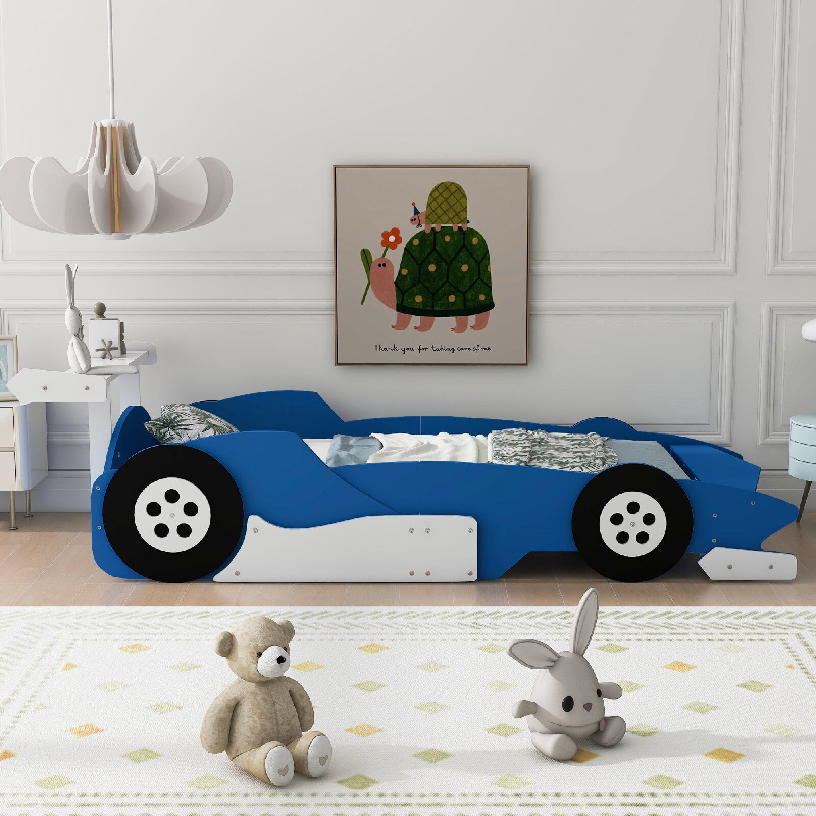 Twin Size Race Car-Shaped Platform Bed Frame with Wheels, Wooden Car Shaped Bed for Bedroom, Apartment, Easy Assembly, No Box Spring Needed, Mattress Not Included, Blue