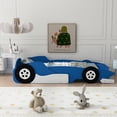 thumbnail image 2 of Twin Size Race Car-Shaped Platform Bed Frame with Wheels, Wooden Car Shaped Bed for Bedroom, Apartment, Easy Assembly, No Box Spring Needed, Mattress Not Included, Blue, 2 of 9