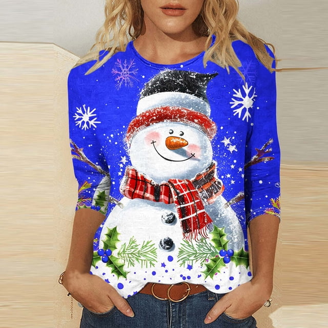 FcBaudy Hauts pour Femmes, Blouses & Chemises à Manches Longues Col Rond, Chemises pour Femmes Mode Décontractée Imprimé de Noël Col Rond T-shirt Manches 3/4 Blouse Femme Polyester Blouse