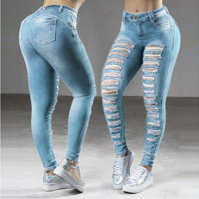 Uerlsty Women's Extreme Ripped Jeans High Waist Skinny Denim Pants 