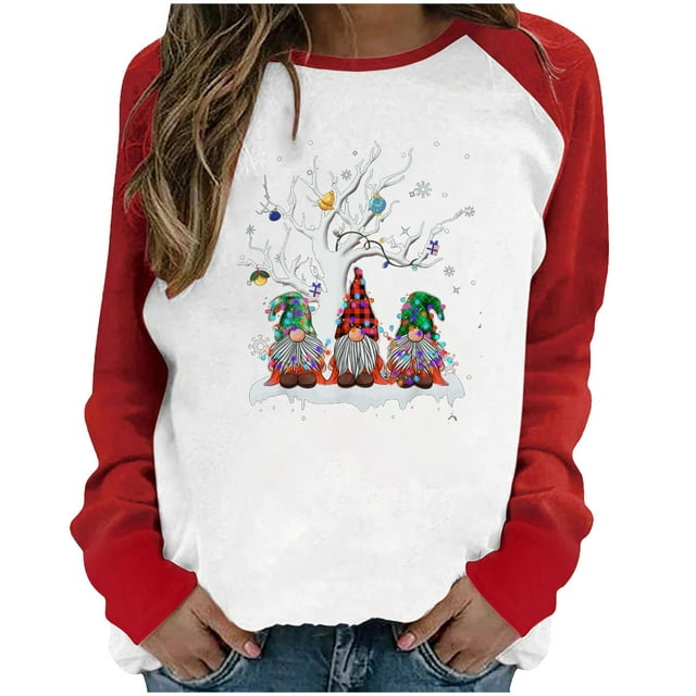 RKSTN Sweat-Shirt pour Femmes Noël Col Rond Imprimé Père Noël Manches Longues Blouse Régulière