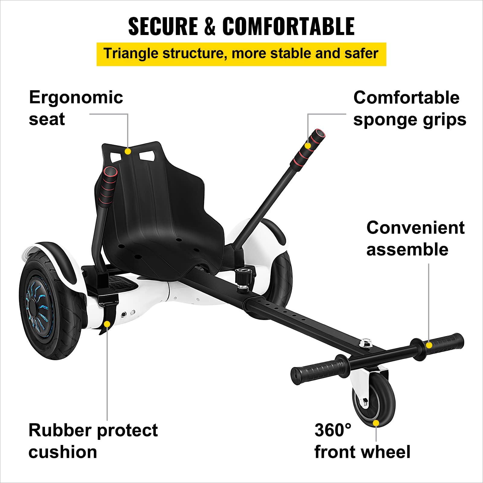 KFFKFF Hoverboard Kart Seat Attachment, Compatible with 6.5'', 8'', 10'' Models, Adjustable Frame for Children and Adults