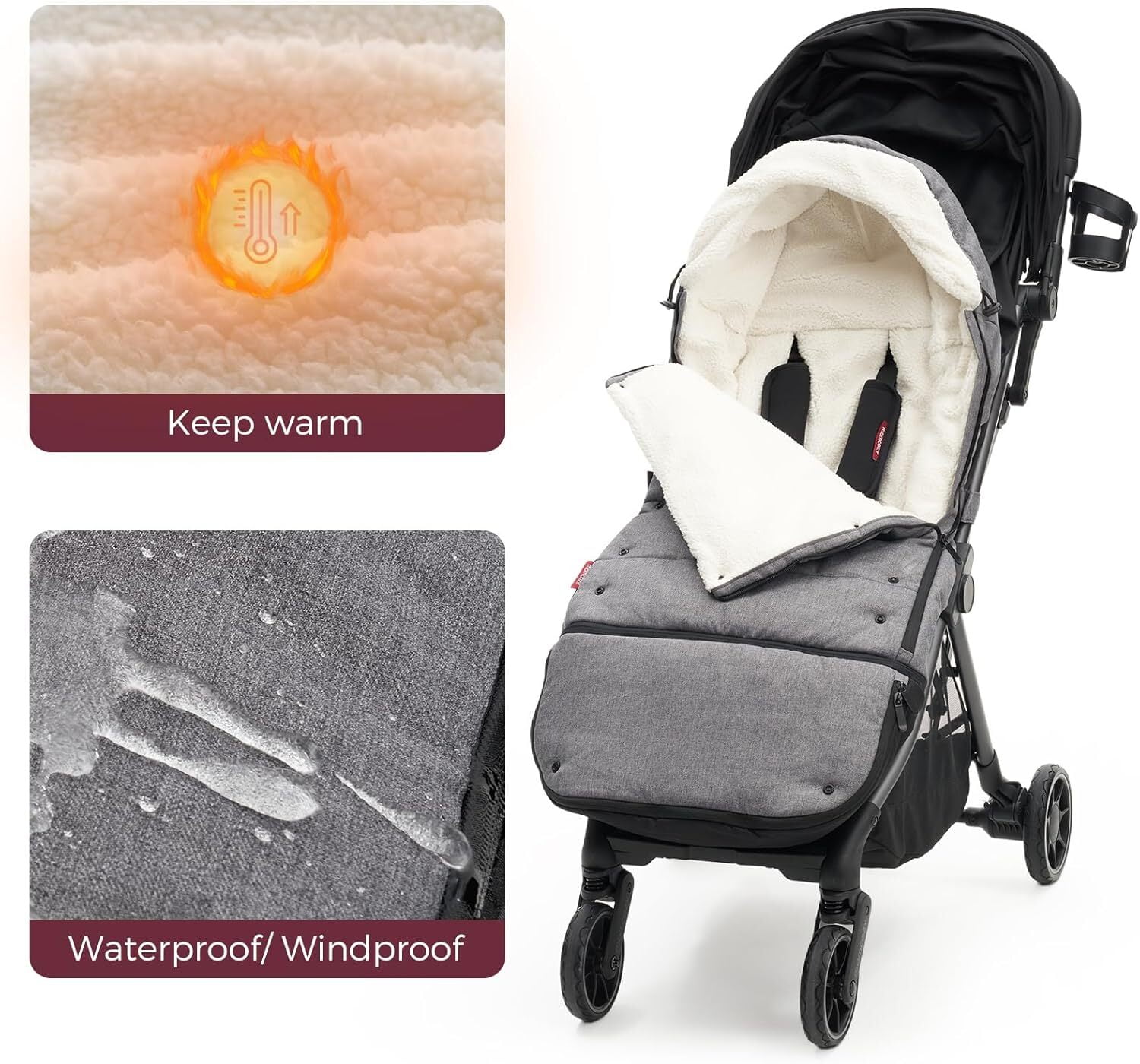 Momcozy Stroller Footmuff Universal | Easily Attaches to Most Strollers | Ultra-Plush,Weather-Proof | Deluxe Warm Stroller Bunting Bag | Extendable Stroller Cover for Winter | Adjustable Buckle,Gray