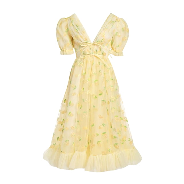 Vestidos Para Mujer Vestidos de Invitados de Boda Moda Casual Puff Manga Corta Cuello en V Estampado Encaje Señoras Vestido Largo Odeerbi ODB145872