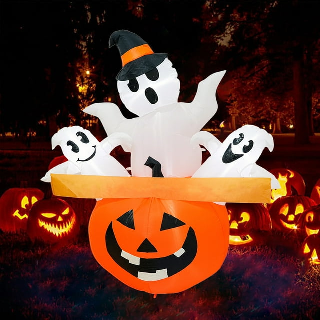 Hogar y cocina, Decoración del hogar, Decoración navideña, Película de aire de calabaza fantasma de Halloween de 59 pulgadas de alto, Decoración de calabaza fantasma, Modelos inflables de poliéster