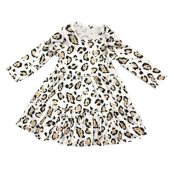 Vestido Para Niñas, Ropa Para Niñas Pequeñas, Vestido De Manga Larga De Leopardo Para Primavera Y Otoño, Vestido De Pastel, Vestido De Princesa Blanco Odeerbi LM103-7330