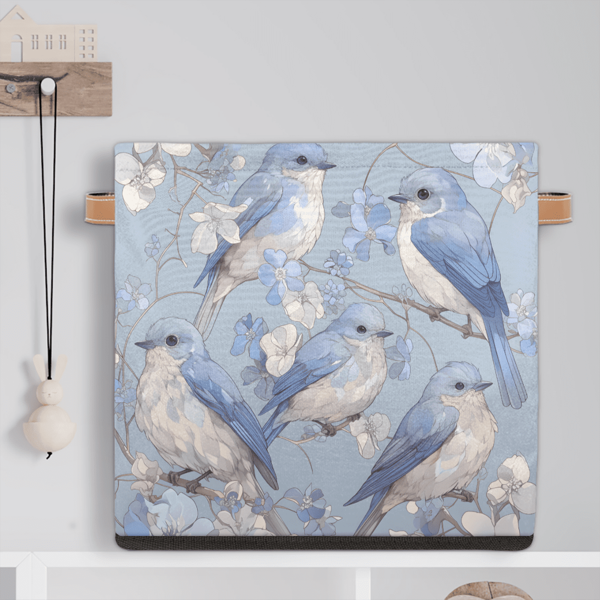 CURLYOOT Spring Summer Blue Birds Cube Storage Bin, 13 x 13 x 13 Storage Cube Bins for Organizing, Fabric Foldable Closet Baskets with Handles for Closet, Shelves, Clothes