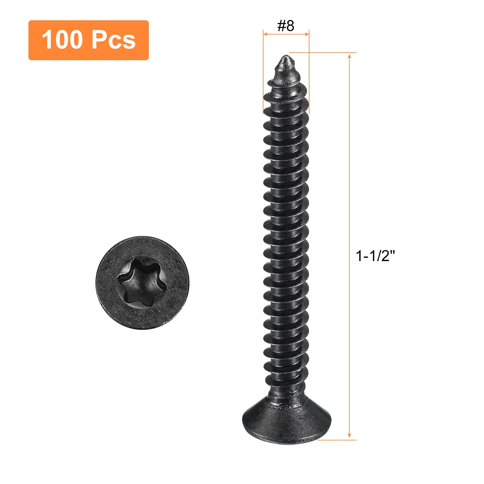 #8 x 1-1/2-inch Flat Head Torx/Star Wood Screws, 100 Pcs 304 Stainless Steel, Full Threaded, Black Coated, Fit T20 Bit
