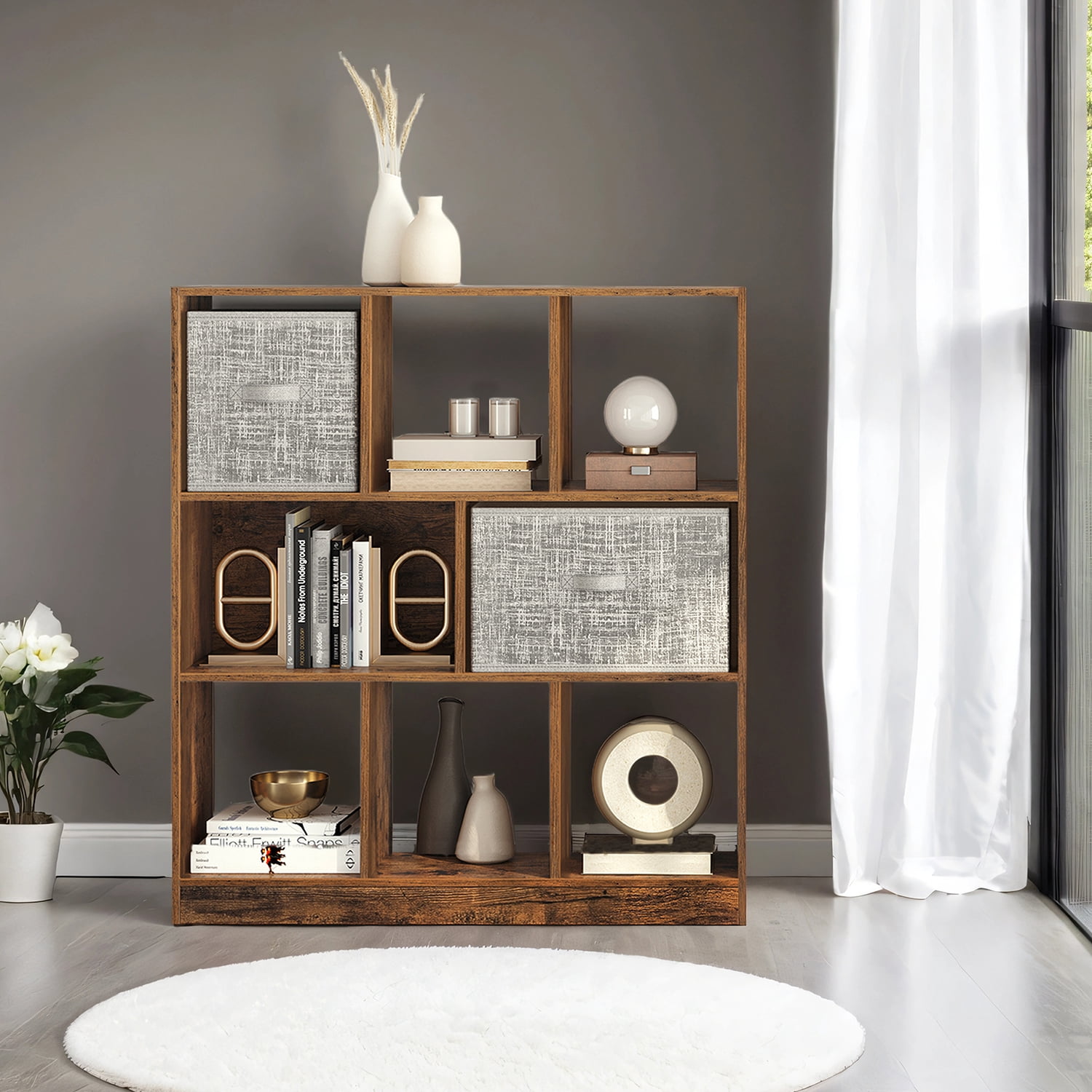 LEDREM 8-Tier Adjustable Cube Bookcase, Cube Storage Organizer Shelf, 33lb Capacity per Tier, Easy Assembly, for Home, Office, Rustic Brown