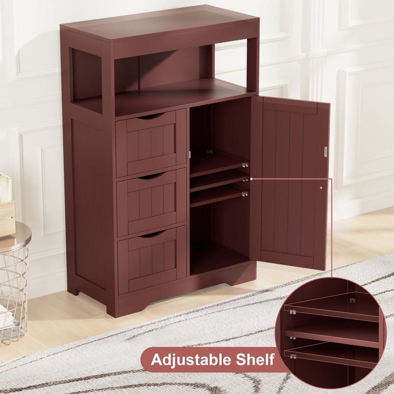 Lacoo Bathroom Floor Cabinet Wooden Storage Organizer with 1 Door, 3 Drawers & Adjustable Shelf Storage Cabinet for Kitchen Living Room Bathroom, Brown