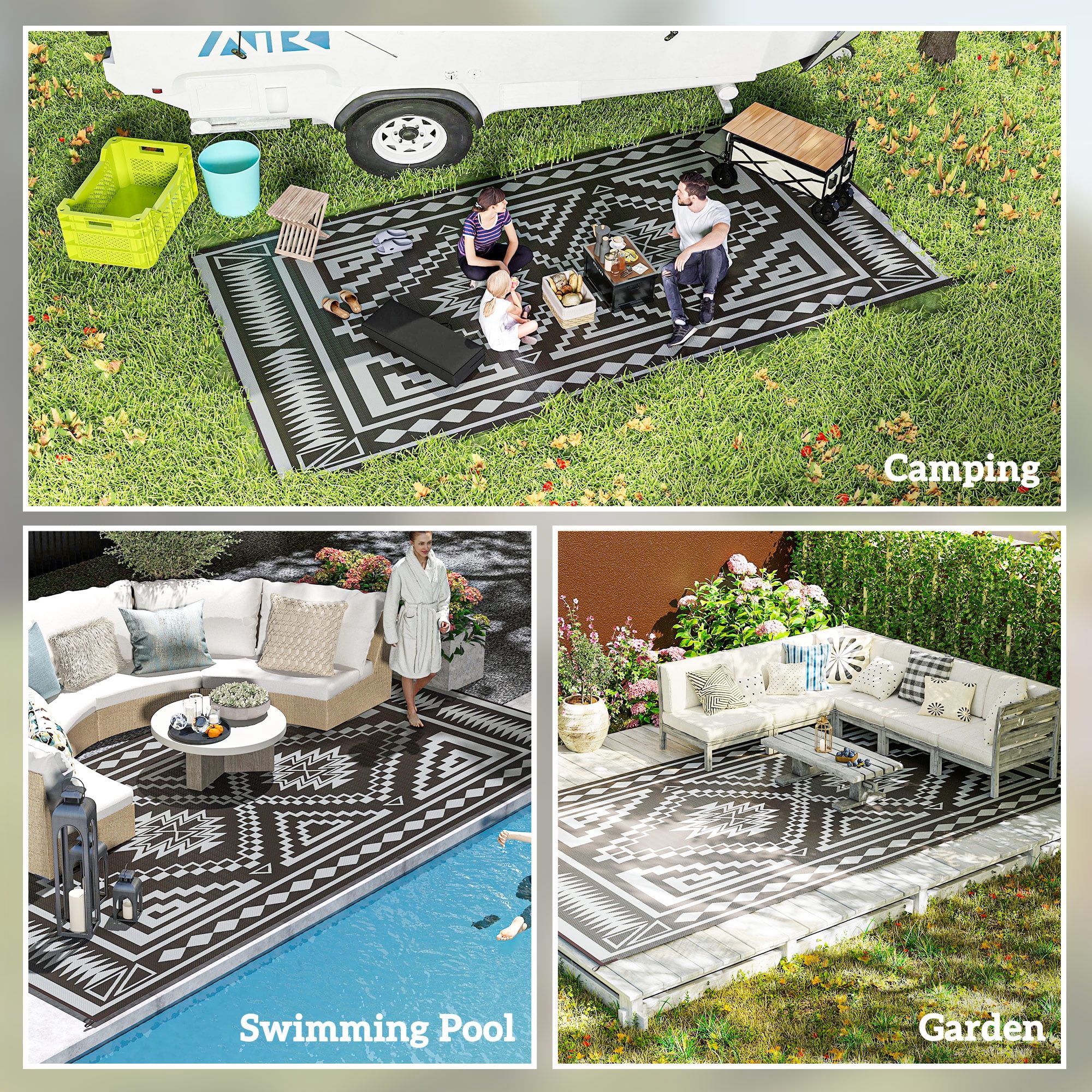 Outsunny Outdoor Patio Rug, Large Camping Carpet with Carrying Bag, 9' x 18' Waterproof Plastic Straw, Reversible, Black & Gray Square Patchwork