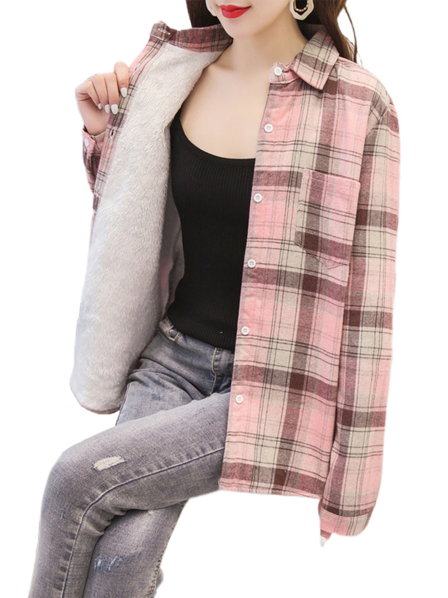 Grianlook Women Shirts Pocket Tops Fleece Lined Blouse Ladies Loose