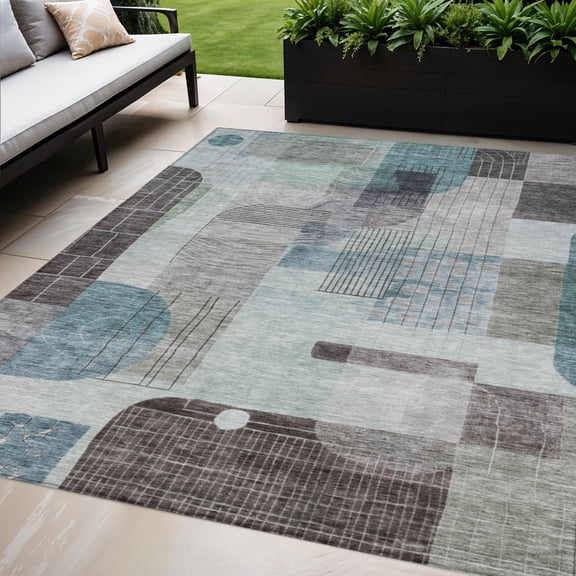 HomeRoots 604385 5 x 8 ft. Teal Blue, Gray & Charcoal Abstract Washable Indoor & Outdoor Rectangle Area Rug