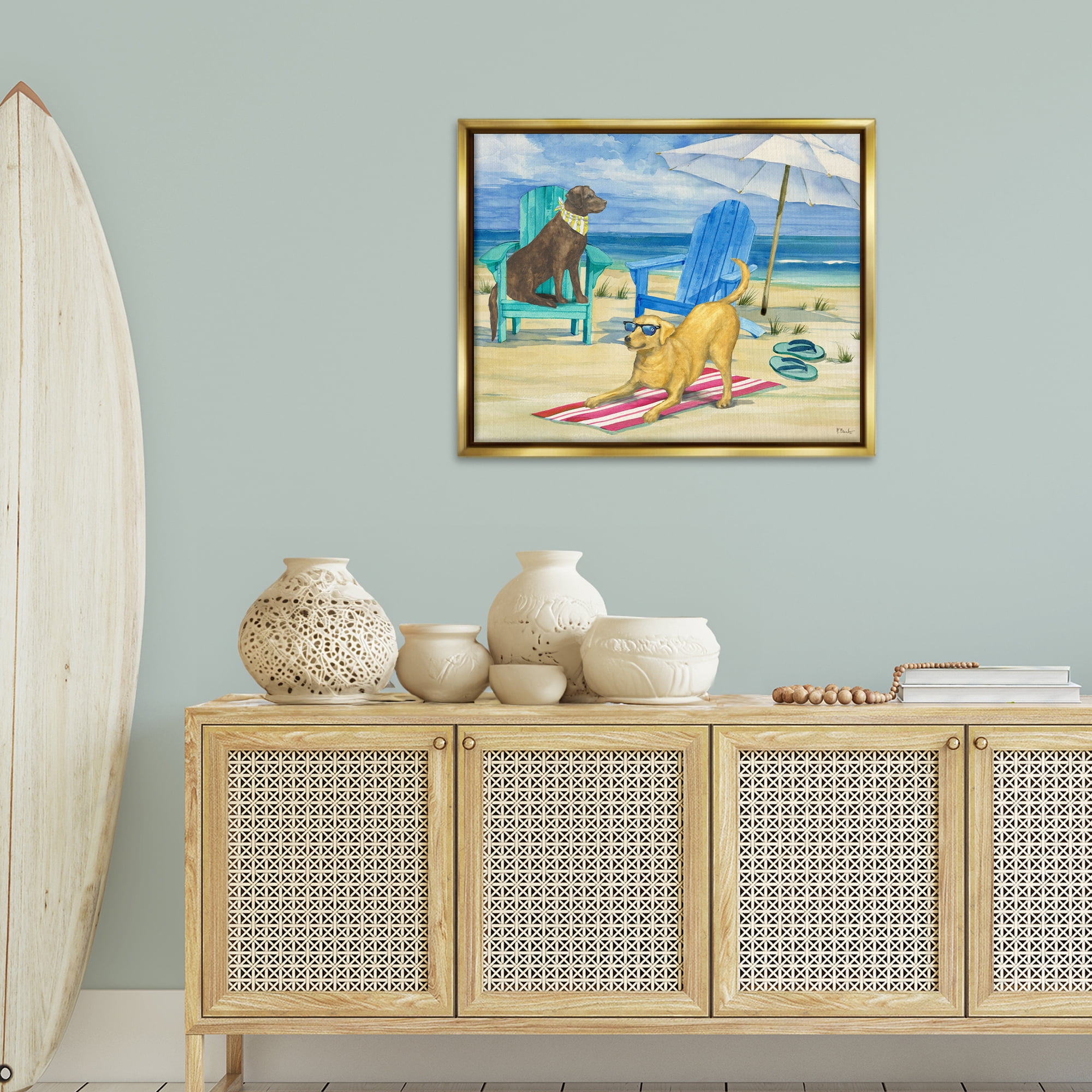 Stupell Industries Dogs on Beach Towel Animals & Insects Painting Gold Floater Framed Canvas Art Print Wall Art, 31 x 25