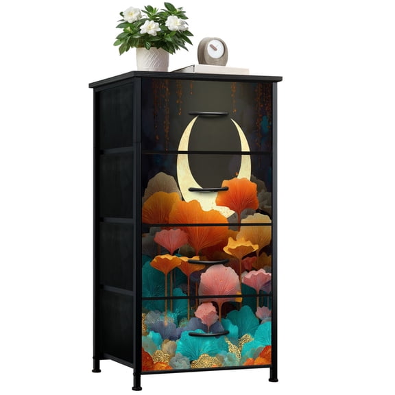 Magic Mushroom Dresser for Bedroom with 4 Storage Drawers Surreal Mushroom Forest Magical Moonlight Floral Dressers Chest of Drawers Steel Framed Fabric Closet Organizers for Kids Dorm Entryway