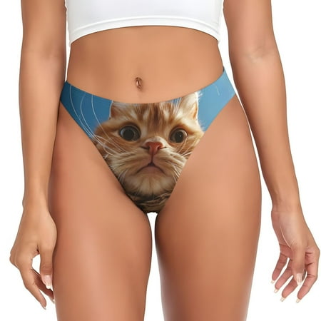 Qokaie Playful Cat Fisheye View Printed Women s Cotton Thong Underwear  Sexy Breathable Panties G-string-Small