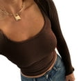 thumbnail image 2 of Gupgi T-Shirt Court Froncé pour Femmes à Manches Longues, Col Carré, Ajusté, Basique, Uni, 2 of 7