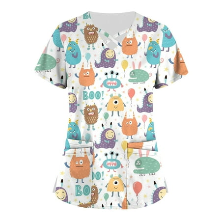 

SENDKEEL summer tops for women Plus Size Cute Printed Scrub Working Uniform Tops For Women Cross V-Neck Short Sleeve Fun T-Shirts Workwear Tee With Pockets