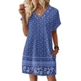 thumbnail image 3 of CHIUNL Summer Dresses for Women, V Neck Short Sleeve Ethnic Floral Mini Dress with Pockets, Casual Boho T-Shirt Dress, Fashion Vacation Outfits for Beach, Women Clothing (Blue S), 3 of 8
