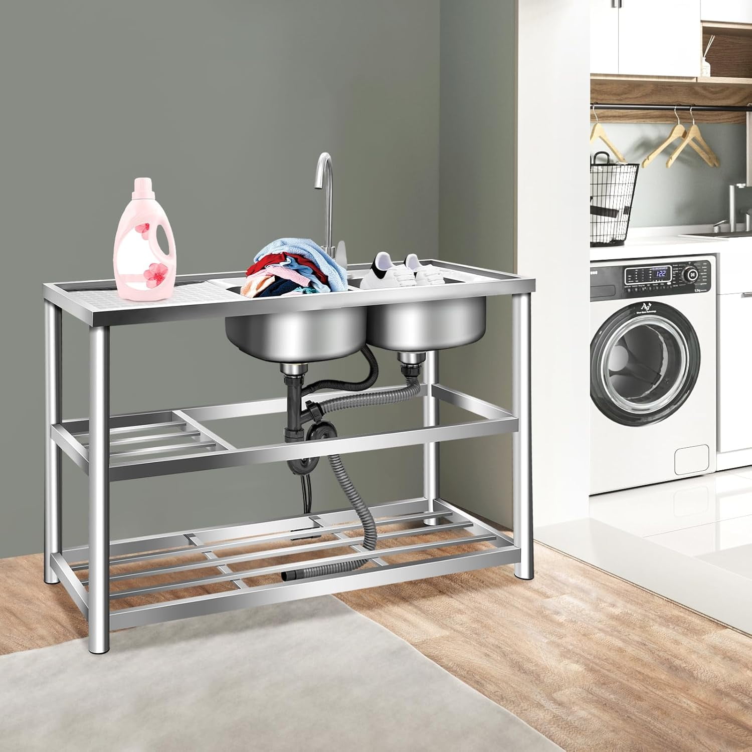 Miumaeov Large Double Bowl Kitchen Sinks, Stainless Steel Utility Sink with 2-Tier Shelves, Indoor/Outdoor Sink for Garage, Farmhouse