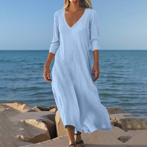 ClodeEU Women's Three-Quarter Sleeve Linen Blend Maxi Dress,V Neck Long Cover Up Beach Shirt Dress Light Blue,Womens Plus S