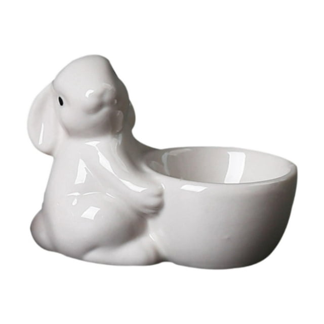 Huevera de cerámica para cena, utensilios de cocina, soporte para huevos de conejito para la cena y el desayuno. Blanco