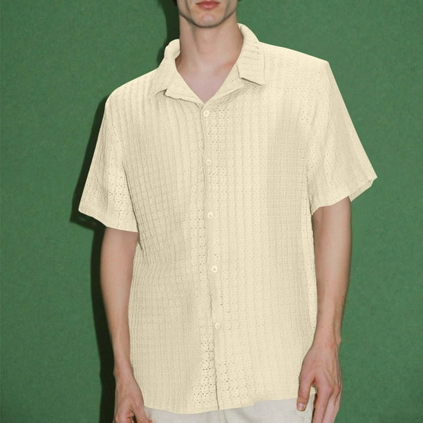 Blusa y camisa de manga corta con cuello vuelto para hombre, de color liso, holgada, informal, a la moda, con botones, de manga corta y cuello vuelto, blusa de poliéster para hombre