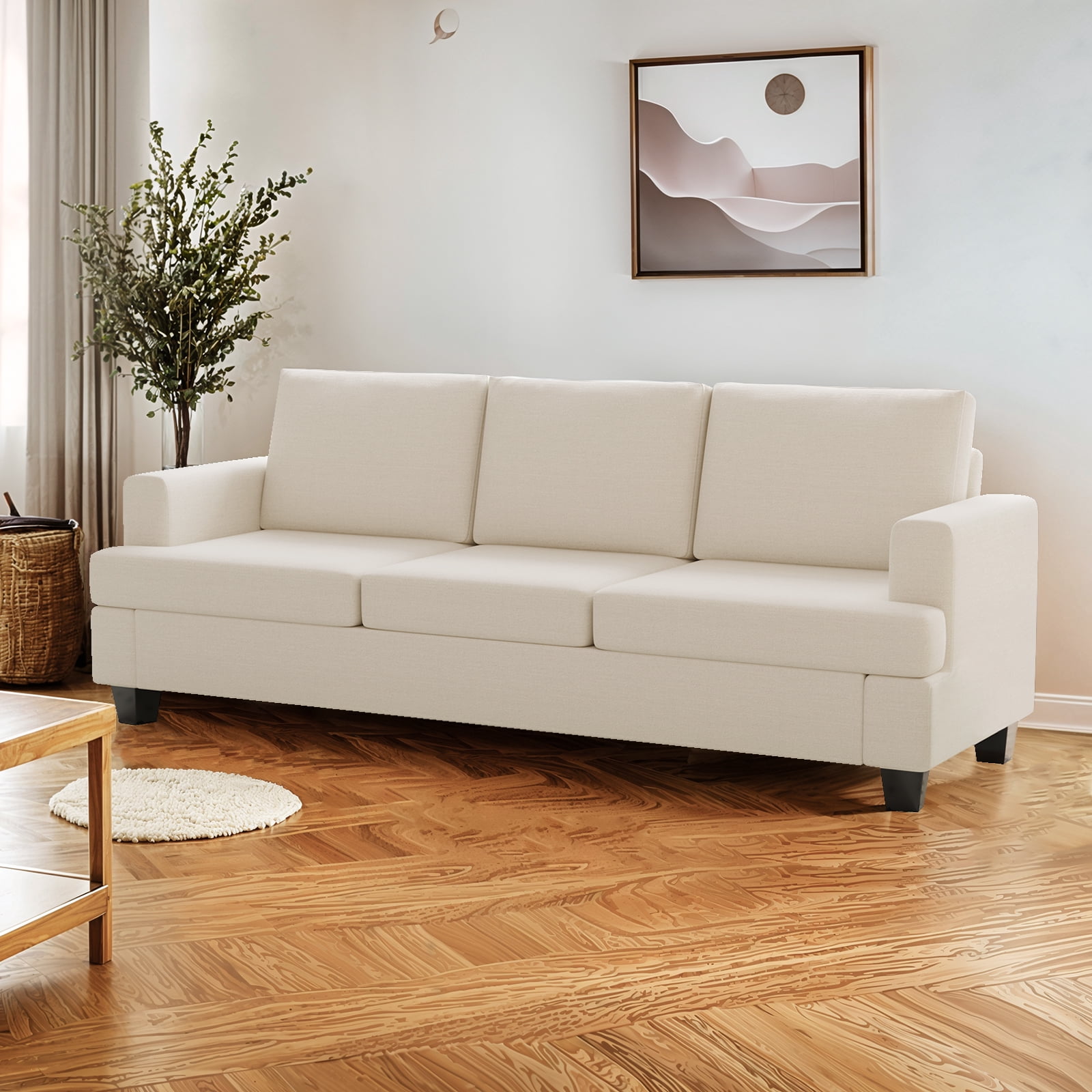 Furniliving 84.75” 3 Seater Sofa Couch, Modern Upholstered Sofa with Extra Deep Seats, Linen Fabric Sofa for Living Room Apartment Lounge, (Beige)