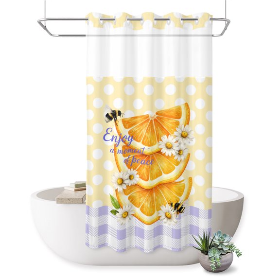 No Hook Shower Curtain, Orange Slices Daisy Shower Curtains for Bathroom with See Through Top Window, Bee Yellow Polka Dot Purple Farm Plaid Waterproof & Washable Bath Curtain Stand Up Stall 36"x72"
