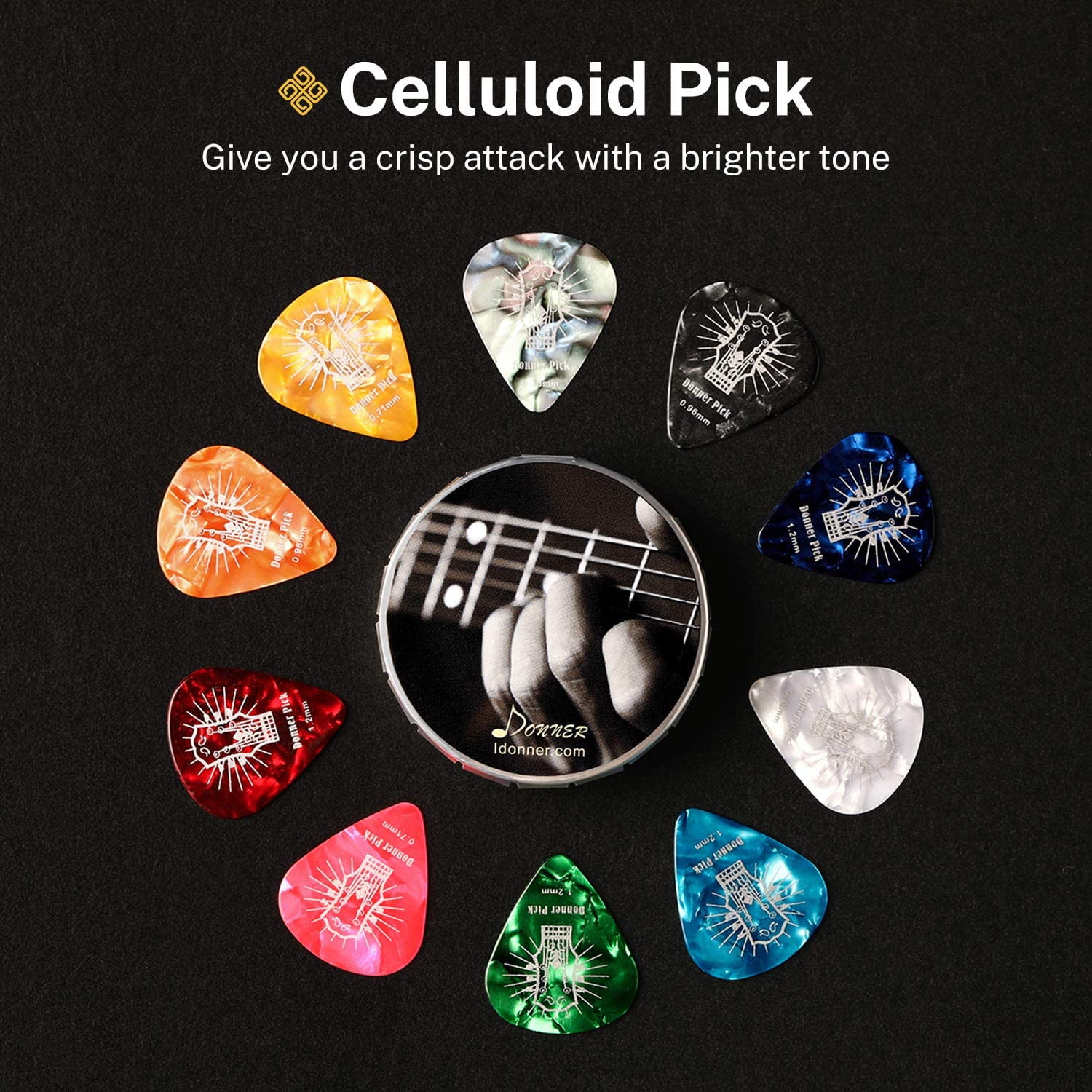 Donner Celluloid Guitar Picks 16 Pack with Case Includes Thin, Medium,  Heavy & Extra Heavy Gauges 