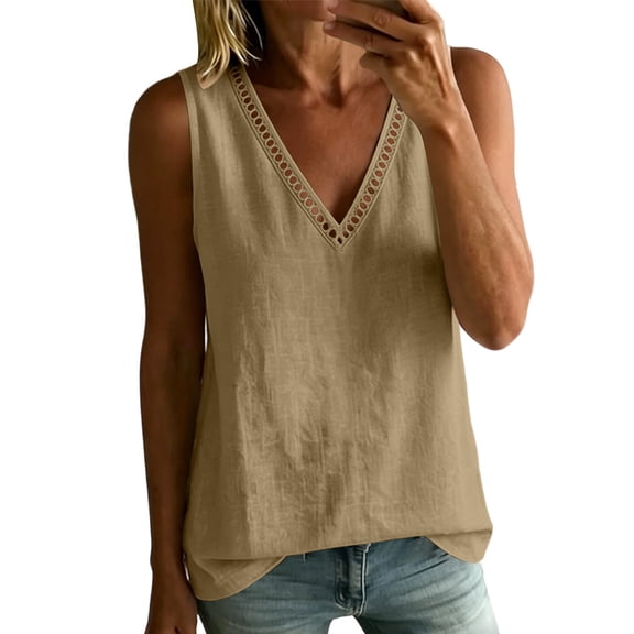 Women's Cotton Eyelet Tank Top Summer Breathable V-Neck Sleeveless Tee Tank Loose Fit Casual Boho Beach Vacation Tops Khaki