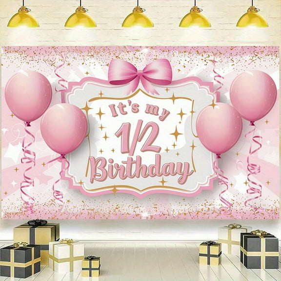 Pink Happy 1/2 Birthday Backdrop It's My 1/2 Birthday Photography Background Pink Bow Balloons Golden Glitter Dots Half Year Old Birthday Baby Shower Party Decorations Banner Photo Booth Props