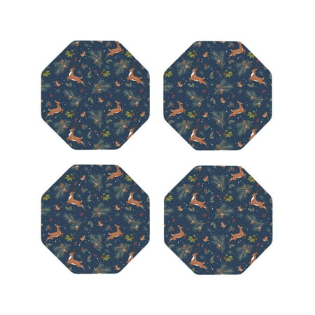

KLL Drink Coasters Set Octagon of 4 PU Leather Absorbent Coasters Set Decorative Coffee Cup Coasters Housewarming Gift for Home Decor-Cartoon Deers