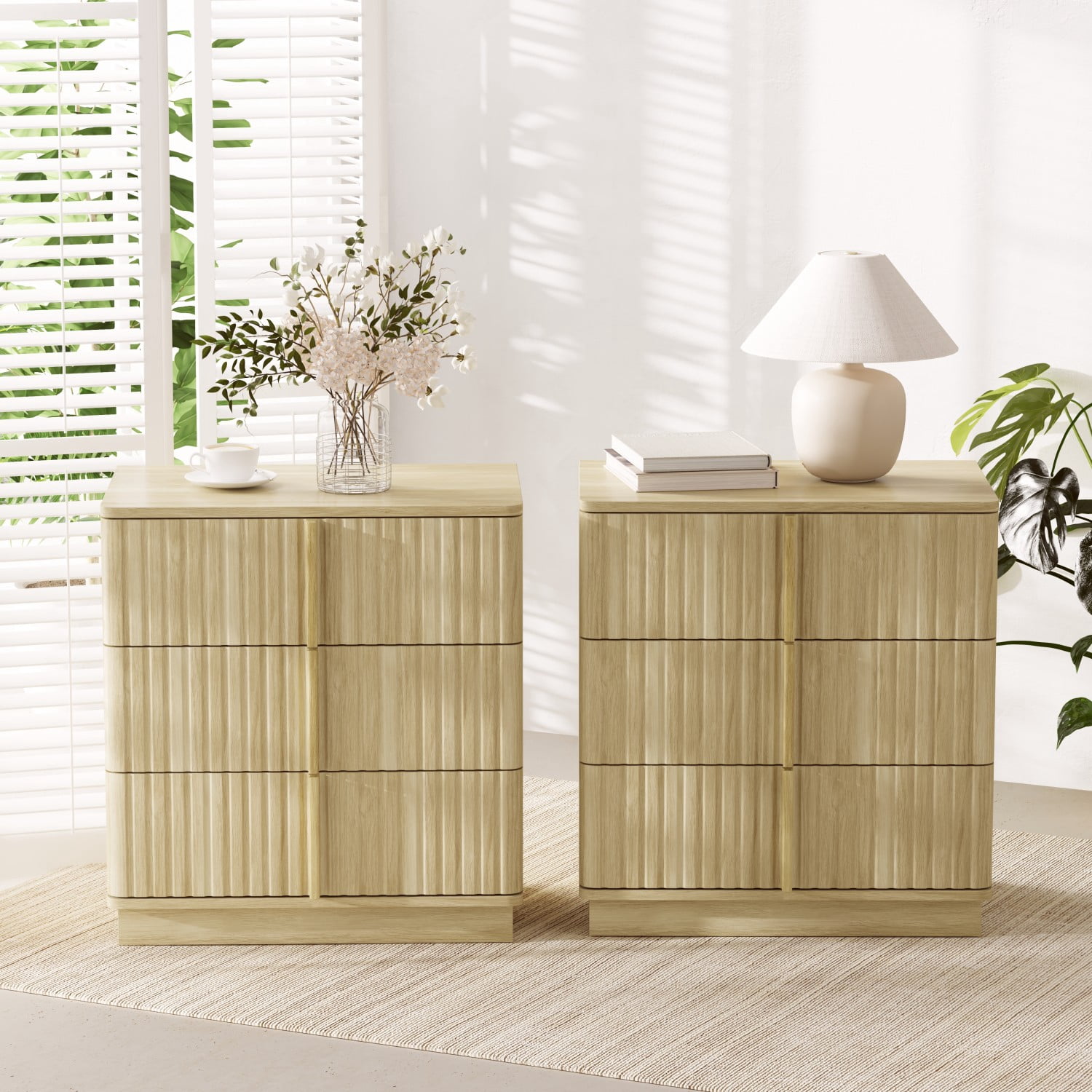 Set of 2 Vintage 3 Drawer Nightstands with Vertical Stripe Design, Modern Bedside Tables, Retro Storage Cabinets, End Tables for Bedroom, Living Room & Home Office, Natural