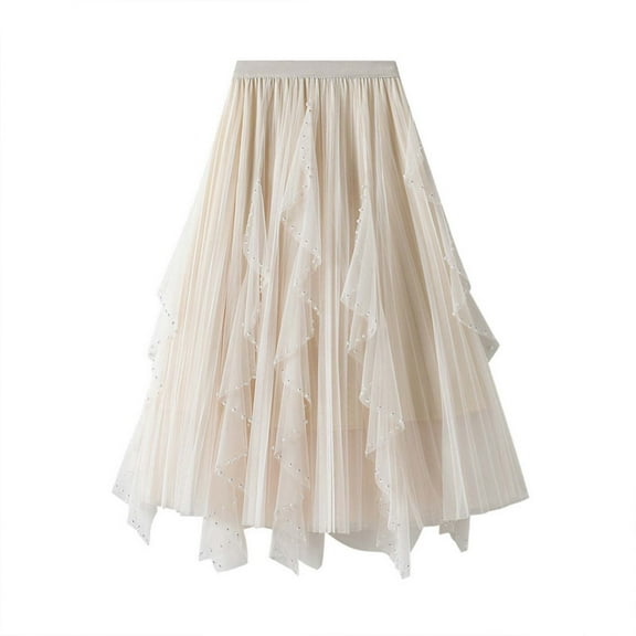 Ediodpoh Women's Skirts Fashion Casual Heavy Industry Nail Bead Petal Mesh Skirt High Waist Mid Length Skirt Womens Midi Skirt Beige One Size