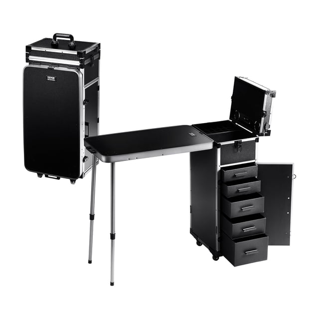 VEVOR Estuche de Maquillaje Profesional Estuche de Cosméticos de Aluminio, Banco de Trabajo con Patas de Apoyo, Estuche de Maquillaje con Ruedas Organizador de Viaje de Maquillaje con Ruedas Extra Gra