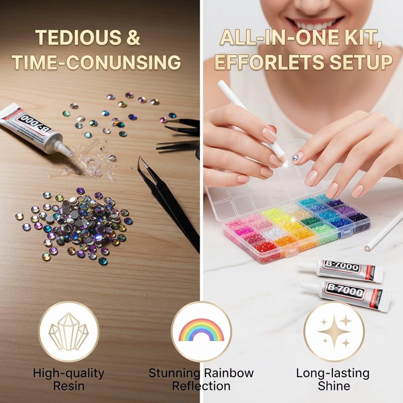24 Colors Resin Rhinestones for Crafting with Tweezers – Flatback Glass Rhinestone Kit with B-7000 Glue, Storage Box, for Nail Art, Tumblers, Shoes, DIY Decor