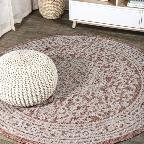 JONATHAN Y SANTA MONICA 6' Round Area Rug, Sinjuri Medallion Textured Weave - Red/Taupe, SMB101A-6R