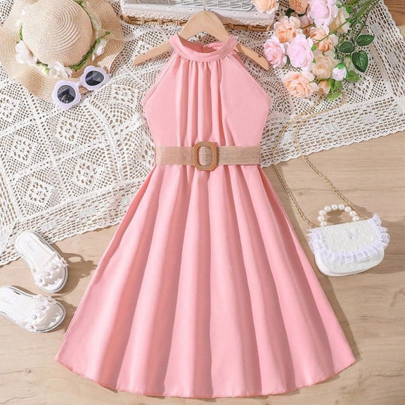 Girls Halter Neck Dress 6-13 Years Summer Sleeveless Off Shoulder Princess Dress European American Style Casual Cute Party Outfit for Big Girls Pink