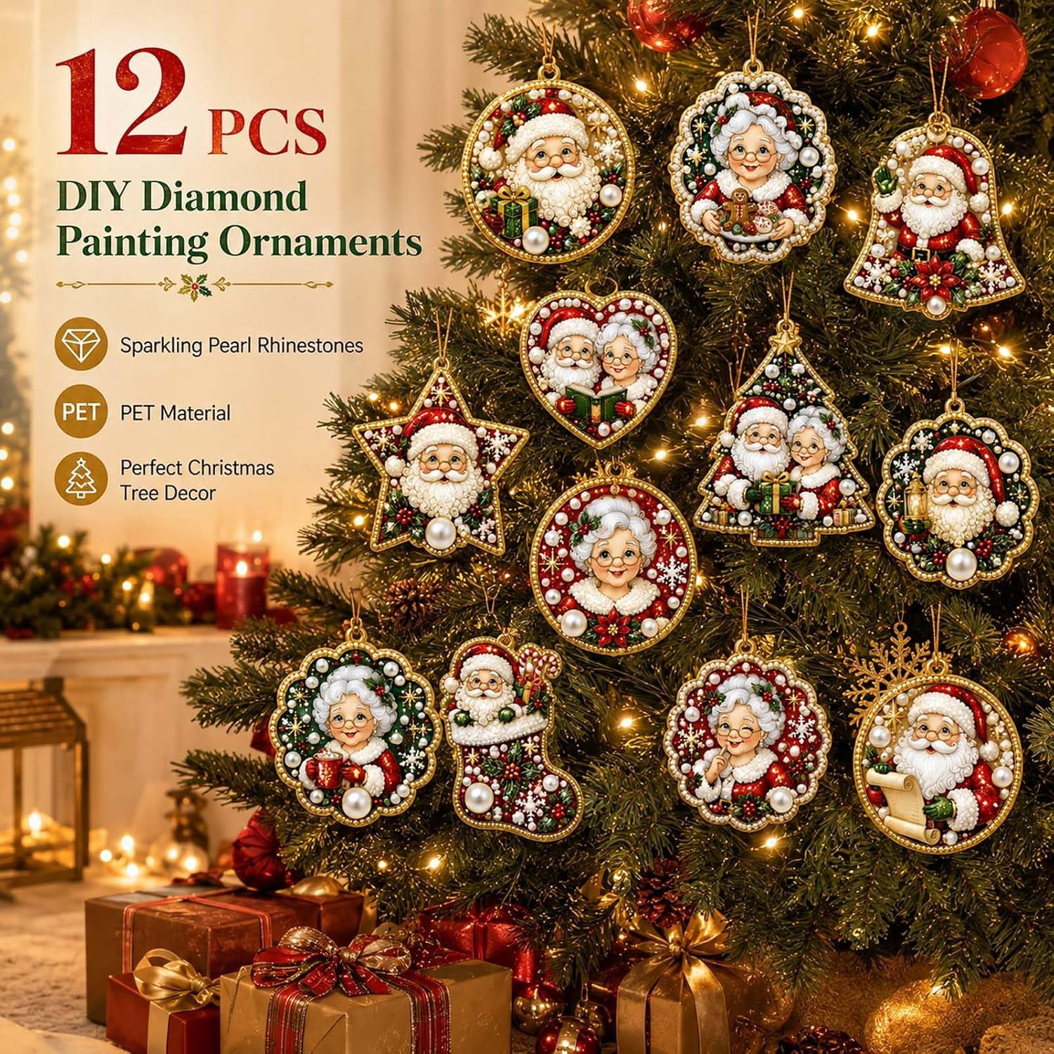 12 PCS Christmas Pearl Diamond Art Ornament Kit, 5D DIY Hanging Decor ...